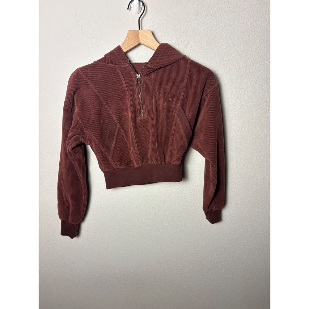 Daily Practice by Anthropologie Velour Corduroy Hoodie Brown XXS Half Zip Crop